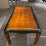 Orange Burl Natural Wood Veneer Dining Table with Gold Stainless Steel Trim